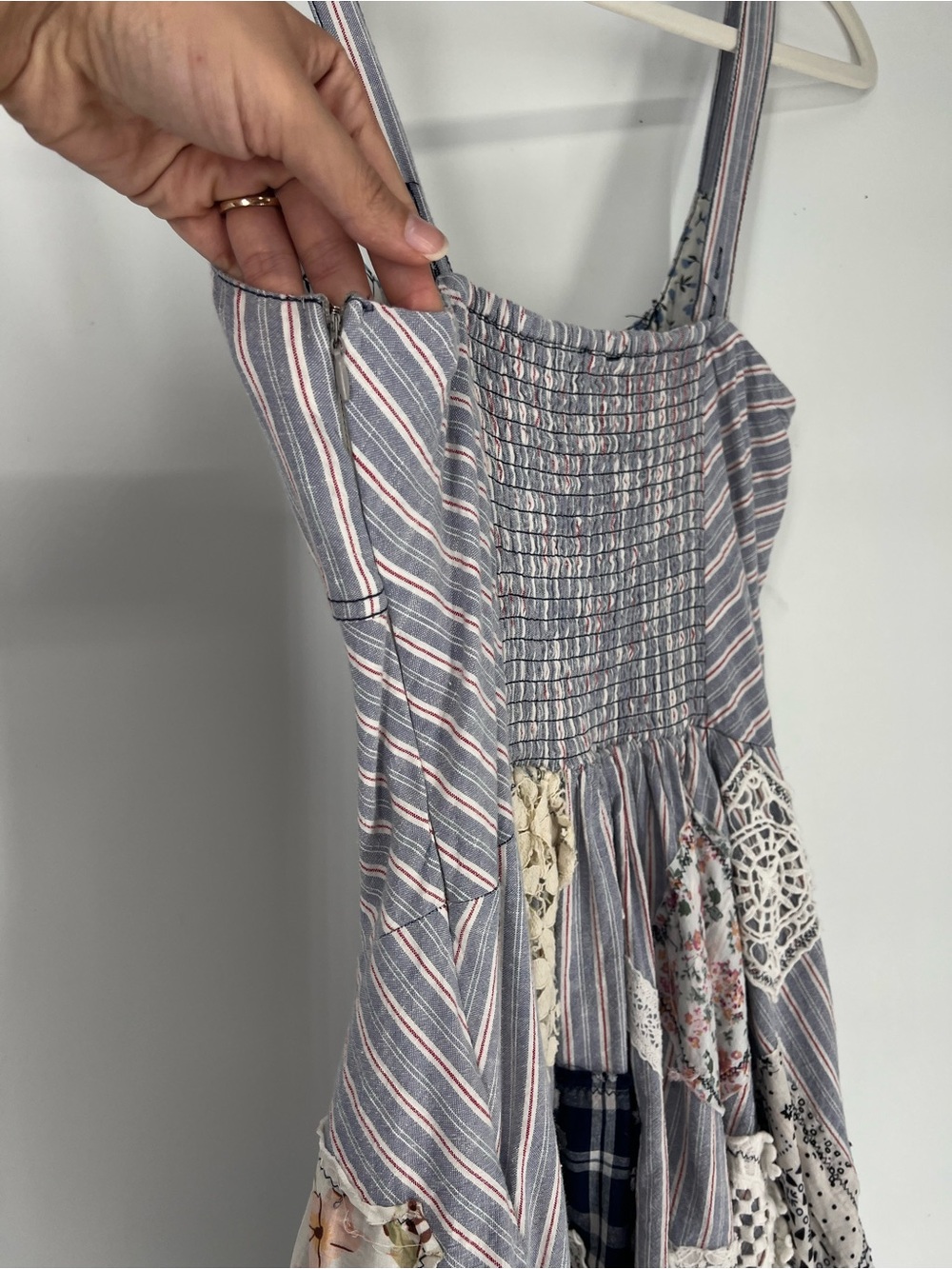 Pilcro Patchwork Upcycled Striped Sleeveless Ruffle Bohemian Prairie Midi Dress - Picture 5 of 9